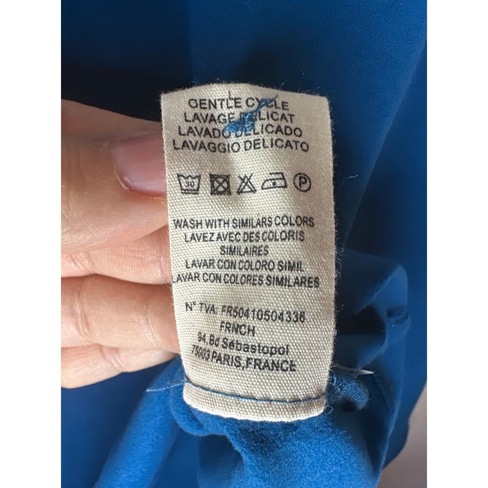 FRNCH Raissa Top Long Sleeve Blue Size M Cut Out Back Puff Sleeve Button Close - Picture 9 of 9